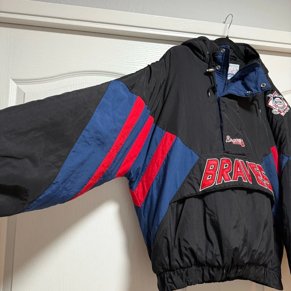 Vintage MLB Atlanta Braves 90s STARTER Windbreaker Pull Over Jacket Size L - Picture 5 of 10